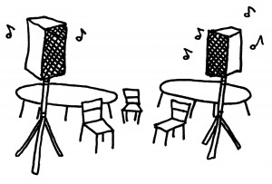 illustration of speakers, tables and chairs